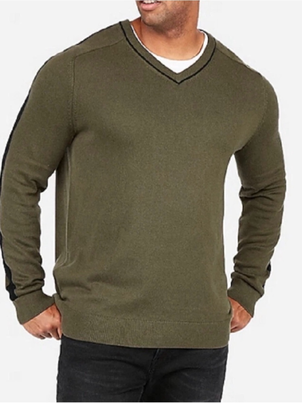 Express Men's Olive Green V-Neck Sweater with Black Trim